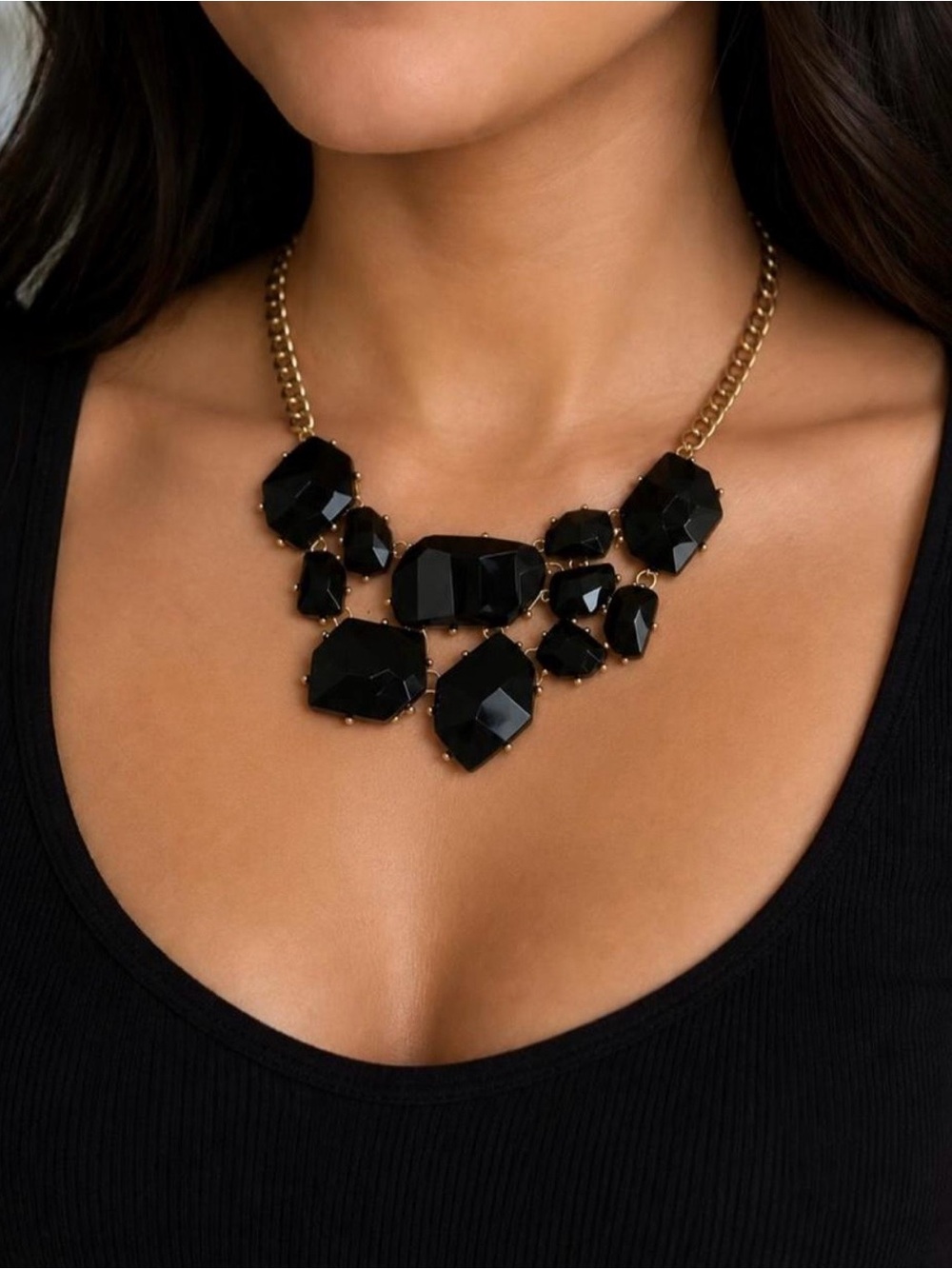 Source Unknown Black Faceted Statement Necklace with Gold Chain